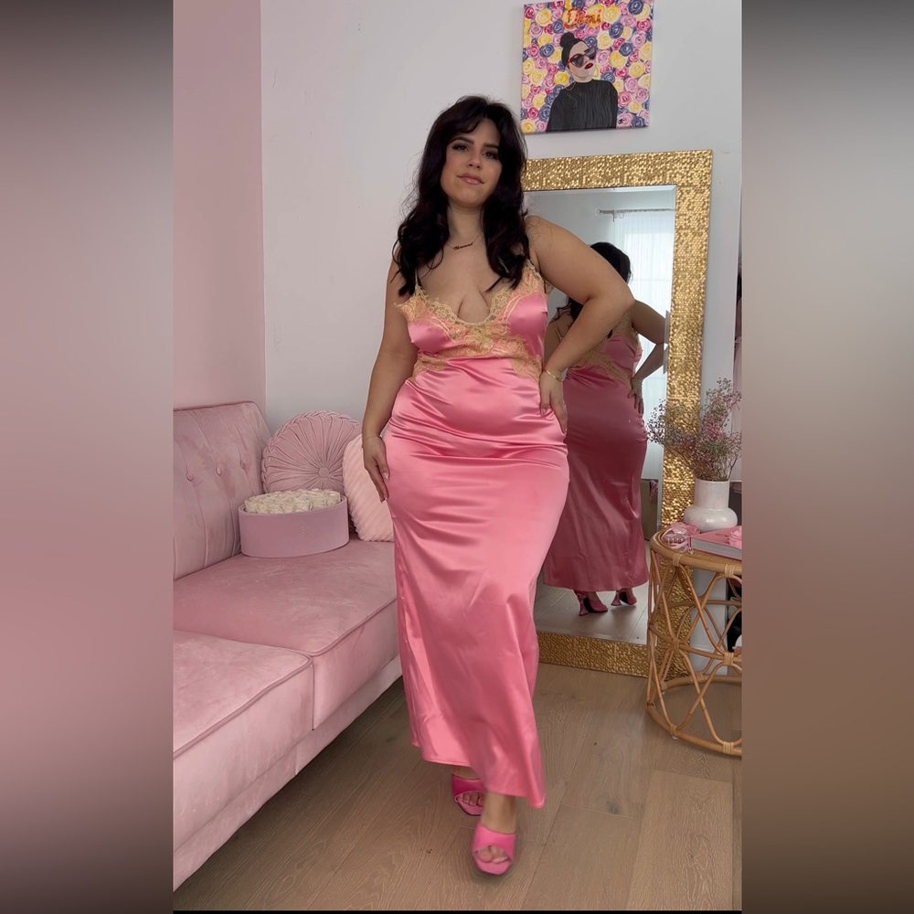Beginning Boutique Pink Satin Lace Trim Midi Dress